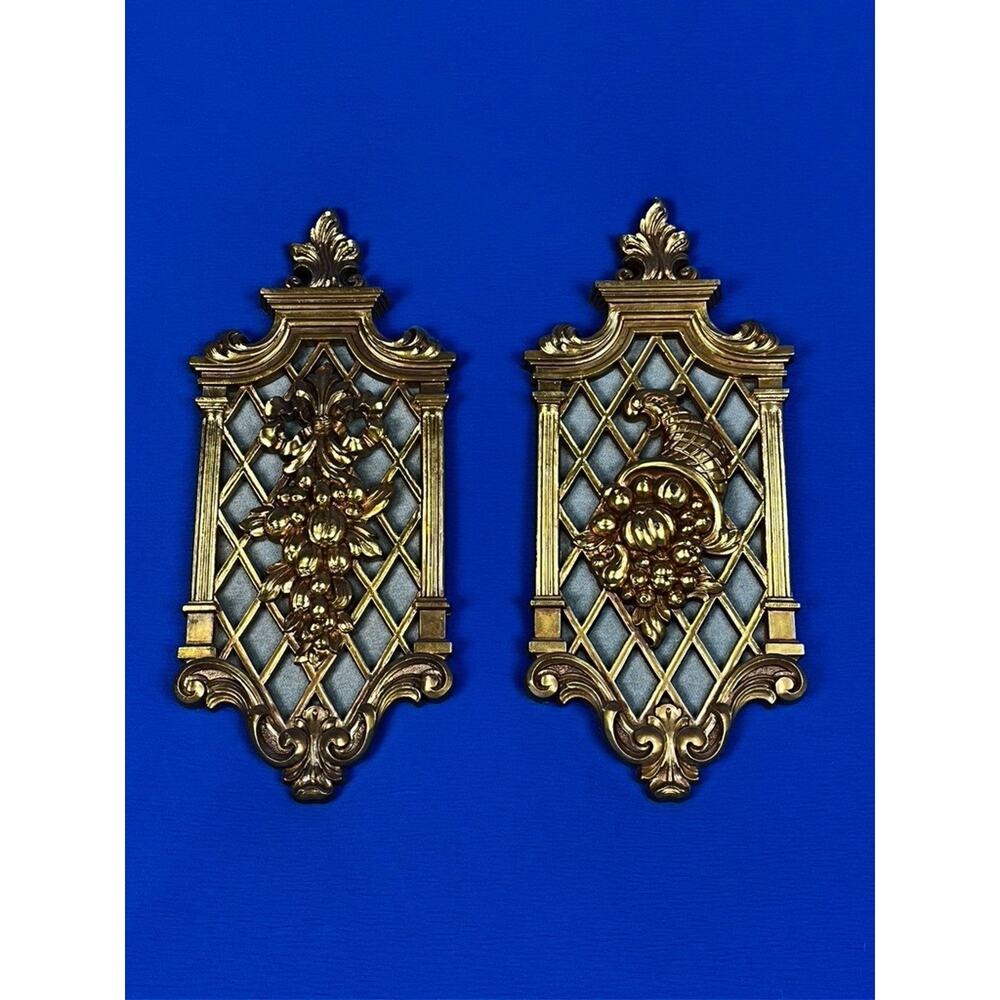 Hollywood Regency Syroco Gold Tone 1971 Fruit Cornucopia Lattice Wall Decor Pair